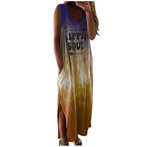 Batik Sommerkleid Damen, V Ausschnitt Maxikleider Hippie Bedrucken Kleid Lang Coole Bunt Tanktop Strandkleid Ärmellos Freizeit Kleider Mit Taschen Casual Shirtkleider Für Frauen von HHMY