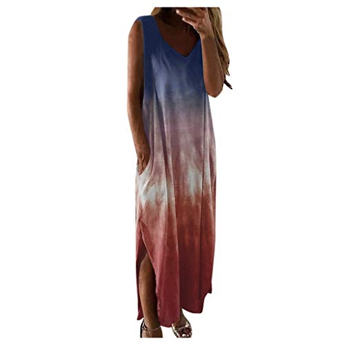 Batik Sommerkleid Damen, V Ausschnitt Maxikleider Hippie Shirtkleider Lang Coole Bunt Tanktop Strandkleid Ärmellos Freizeit Kleider Loose Casual Kleid Mit Taschen Für Frauen von HHMY