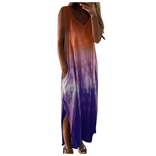 Batik Sommerkleid Damen, V Ausschnitt Maxikleider Hippie Shirtkleider Lang Coole Bunt Tanktop Strandkleid Ärmellos Freizeit Kleider Loose Casual Kleid Mit Taschen Für Frauen von HHMY