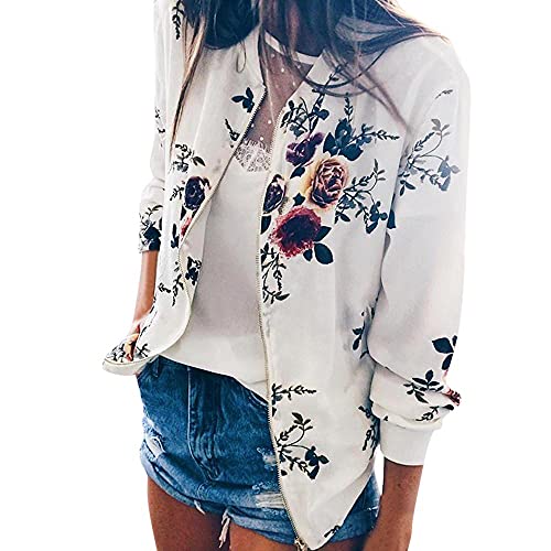 Bomberjacke Damen Blumen Langarm Casual Mantel Bikerjacke Fliegerjacke Kurz Leichte Jacke Motorradjacke College Jacke Mit ReißVerschluss Outwear FüR Fruhling Herbst üBergangsjacke von HHMY