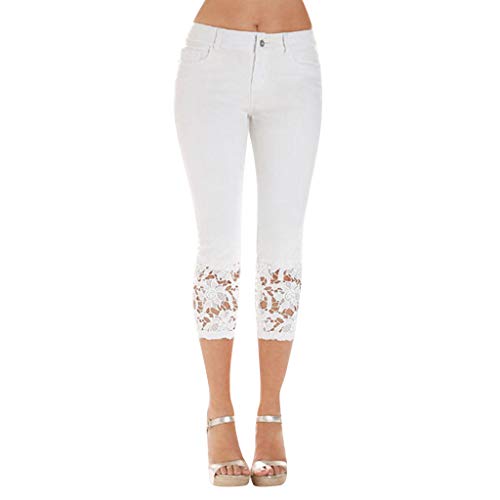 HHMY Caprihosen Damen 3/4 Jeans, Capri Leggings Sommer Stretch Mit Spitze, Hosen Leicht Sommerhose High Waist Hose Frauen Elegant Knielang Kurze Sporthose-Yogahose-Jogginghose, Weiß, M von HHMY