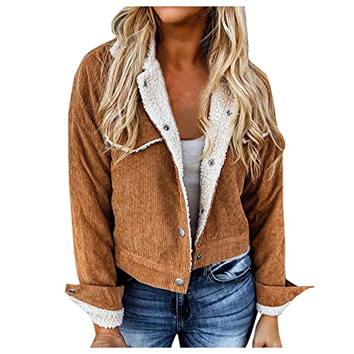 Cordjacke Damen Gefüttert - Winter Retro Vintage Fleece Cordjacke Freizeit Revers Kurz Mantel Warm Jacken Oberteile Casual Langarm Outwear Für Herbst Winter von HHMY