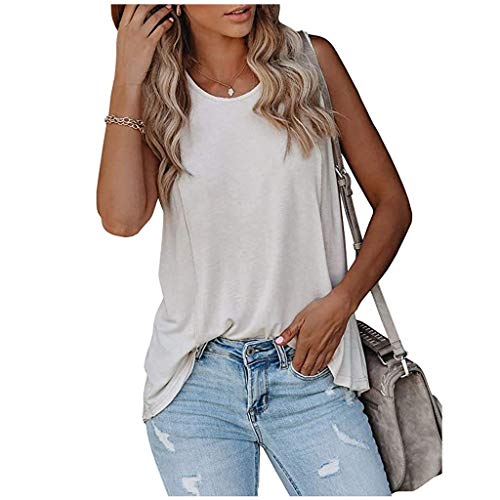 Damen Tshirt Ärmellose Tops Sommer Locker Tank Top Rundhals Ausschnitt T-Shirt Basic Einfarbig Loose Oberteile Lang Soft Atmungsaktiv Weste Shirts von HHMY