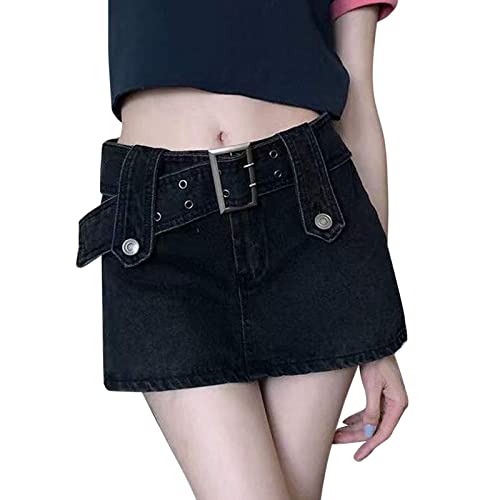E-Girl Jeans-Minirock Damen Schwarz Gothic Kurz Mit Gürtel Und Tasche - Enge Hüftrock A-Linie Für Teenager Mädchen Y2k Sommer Denim-Skirt von HHMY
