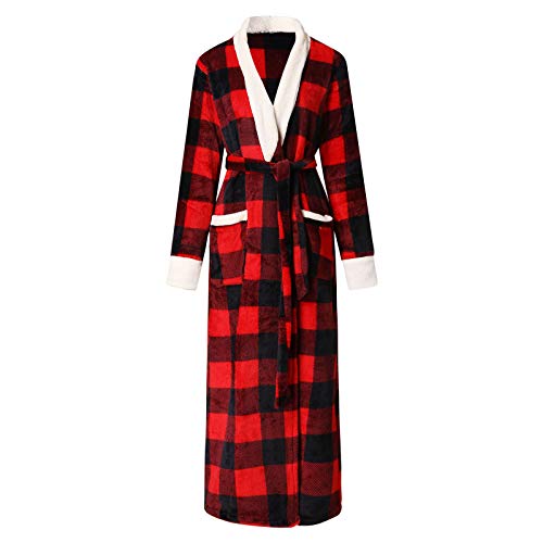 HHMY Fleece Morgenmantel Mit Tartan-Muster - Bademantel Mit Gürtel Winter Warm Plüsch Lange Oversize Saunamantel Schlafanzug Weihnachten Pyjama Nachtwäsche Womens Bathrobe von HHMY