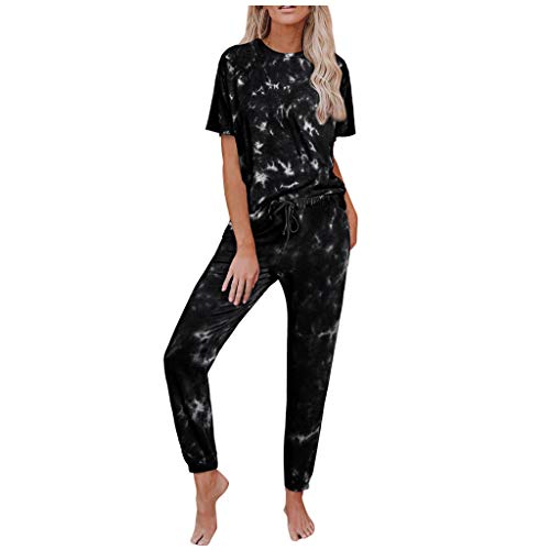 Freizeitanzug Damen Kurzarm - Batik-Jogginganzug Baumwolle Set Sommer Hausanzug Oberteil + Lang Hose Sportanzug Sport-Fitness-Anzug Sportswear FüR Running Yoga Gym Trainingsanzug von HHMY