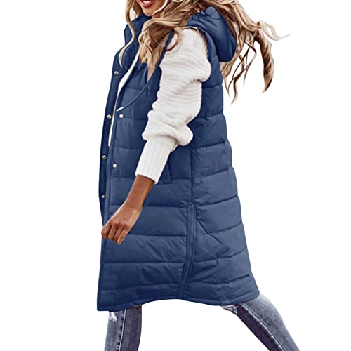 HHMY Ärmellose Weste Damen - Winterjacke Lang Kapuzen Mantel Leichte Lange Schlanke Weste Puffer Jacke Ärmellose Steppweste Für Frauen Warmer Wintermantel Mit Kapuze Outdoor-Jacke, z-Marine, L von HHMY