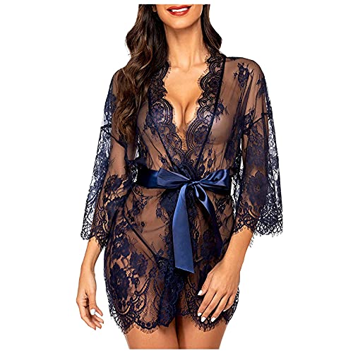 HHMY Bademantel Damen Kurz DüNn - Pyjama FüR Frauen Transparent-Morgenmantel Leicht Spitze-NachtwäSche Robe Kimono Mit GüRtel G-String Nachthemden Zum Babydoll, Dessous, Blau, L von HHMY