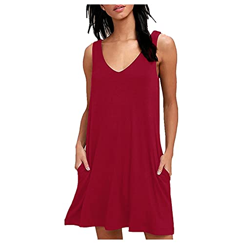 HHMY Damen Sommerkleid Ärmelloses Casual Spaghettiträger Kleid V Ausschnitt Einfarbig Boho-Kleid Mit Taschen Minikleider Strandkleider von HHMY