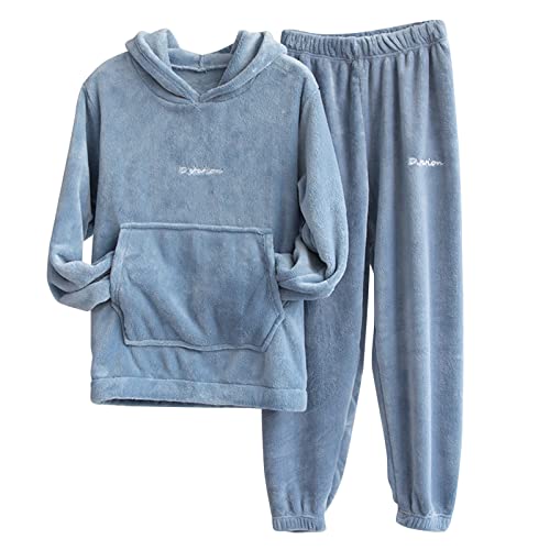 HHMY Flanell Pyjama Set Flauschig Schlafanzug Hoodie Pullover Pyjamahosen Für Paare Lounge-Set Couple Matching Herren/Damen Winter Fleece Sweatshirt Jogginghose Zweiteiliger Pyjamaset, Blau, L von HHMY