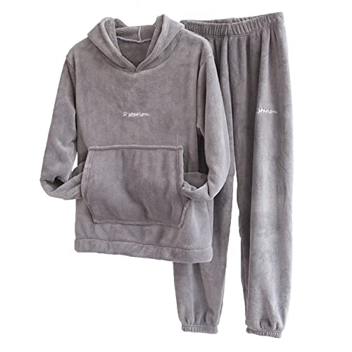 HHMY Flanell Pyjama Set Flauschig Schlafanzug Hoodie Pullover Pyjamahosen Für Paare Lounge-Set Couple Matching Herren/Damen Winter Fleece Sweatshirt Jogginghose Zweiteiliger Pyjamaset, Grau, L von HHMY