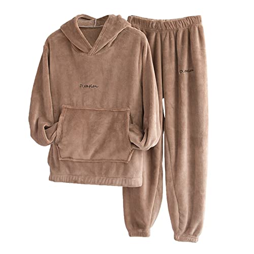 HHMY Flanell Pyjama Set Flauschig Schlafanzug Hoodie Pullover Pyjamahosen Für Paare Lounge-Set Couple Matching Herren/Damen Winter Fleece Sweatshirt Jogginghose Zweiteiliger Pyjamaset, Kaffee, L von HHMY