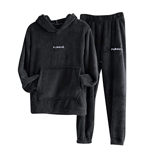 HHMY Flanell Pyjama Set Flauschig Schlafanzug Hoodie Pullover Pyjamahosen Für Paare Lounge-Set Couple Matching Herren/Damen Winter Fleece Sweatshirt Jogginghose Zweiteiliger Pyjamaset, Schwarz, L von HHMY