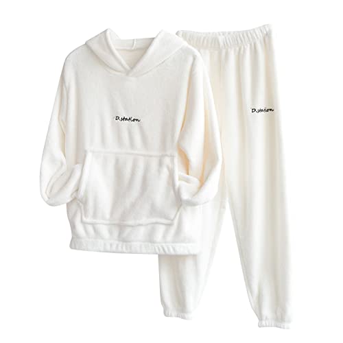 HHMY Flanell Pyjama Set Flauschig Schlafanzug Hoodie Pullover Pyjamahosen Für Paare Lounge-Set Couple Matching Herren/Damen Winter Fleece Sweatshirt Jogginghose Zweiteiliger Pyjamaset, Weiß, L von HHMY