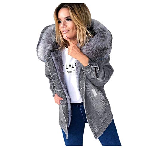 HHMY Gefütterte Jeansjacke - Damen Winterjacke Mit Kunst Fellkapuze Plüsch Denim Jacken Warme Fleecejacke Mantel Kurz Jacke Teddyfutter Übergangsjacke Outwear von HHMY