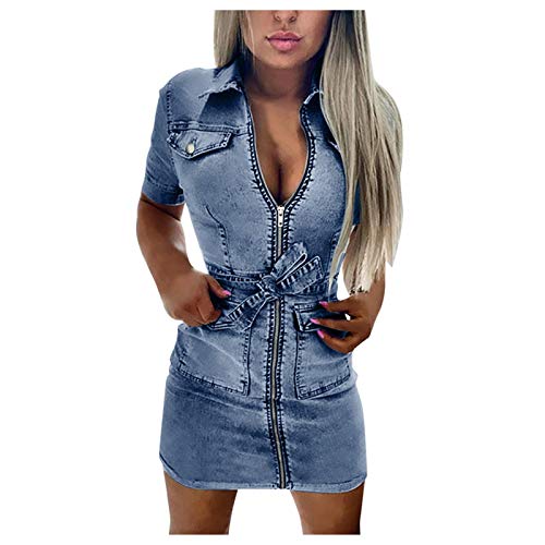 HHMY Jeans-Kleid FüR Damen Sexy Jeanskleid Sommer Knielang Kurzarm Minikleid V-Ausschnitt Jeanskleider Kleid Kurz Elegant Abendkleid Vintage Standkleid Bodycon Partykleid Club Streetwear von HHMY