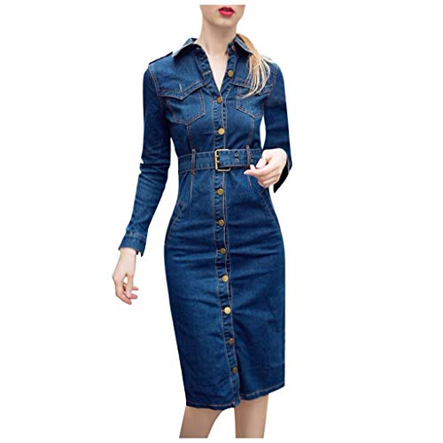 HHMY Jeanskleid Damen Langarm Bodycon Partykleid Lang Abendkleid Elegant Cocktailkleider Vintage Jeanskleider Mit KnöPfe GüRtel Blusekleid Sexy Hemdkleid Denim Dress Hemdkleider Lange Kleider von HHMY