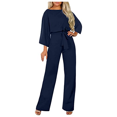 HHMY Jumpsuit Damen Elegant Lang Jumpsuit 3/4 Arm Hosenanzug Sommer Elegant Cocktail Party Jumpsuits O-Ausschnitt Playsuit Romper Festlich Overalls Mit Weites Bein Spielanzug Strampler von HHMY