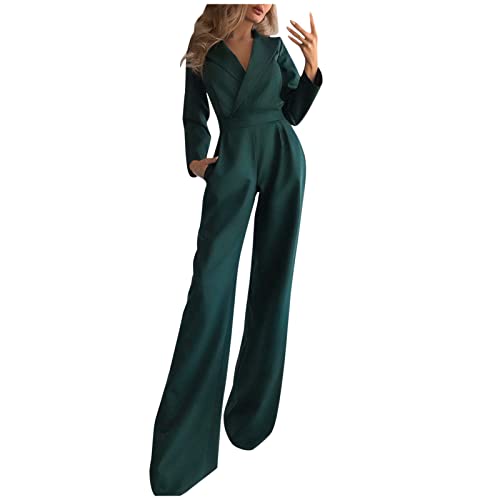 HHMY Jumpsuit Damen Elegant Langarm - Hosenanzug Damen Hochzeit Festlich Lang Overall Einfarbig V-Ausschnitt Playsuit Mit Weites Bein Hosenanzug Playsuit Business Anzug Overall- Einteiler- Playsuits von HHMY