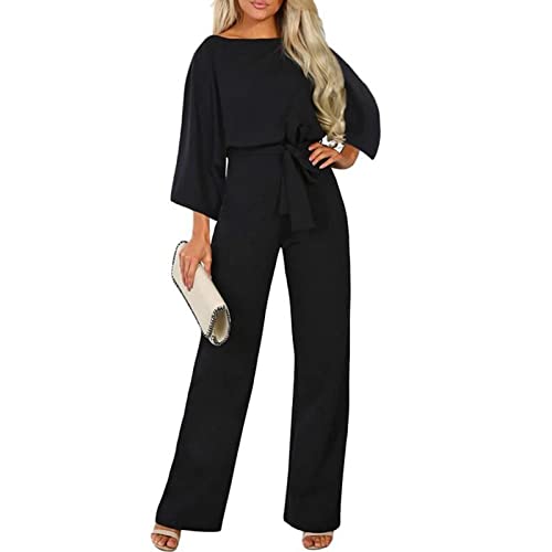 HHMY Jumpsuit Damen Sommer Elegant Kurzarm: Overall Damen Festlich Jumpsuits Einteiler Outfits Anzug Mit BindegüRtel Jumpsuits Lang Overall Hosenanzug- Playsuit- Romper FüR Hochzeit Business von HHMY