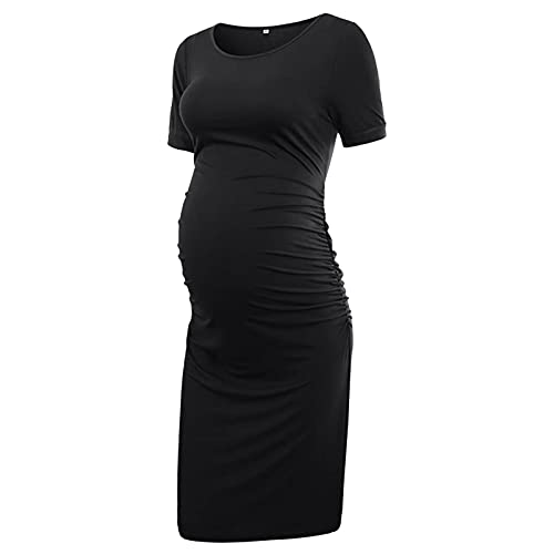 HHMY Kurzarm Umstandskleid Einfarbig, Damen Maternity Short-Sleeve Dress Umstandsmode Kleider Mit Geraffter Eng Sommer Minikleid Eng Elegant Für Damen Junge Mädels von HHMY