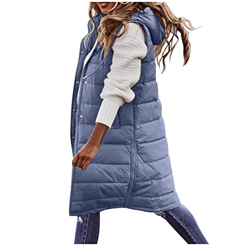 HHMY Lange Steppweste Damen - Longweste Mit Kapuze Schlanke Weste Jacke Übergangs Winter Steppjacke Ärmellose Kapuzenweste Gesteppte Mantel Warm Winddichte, A03-Blau, XL von HHMY