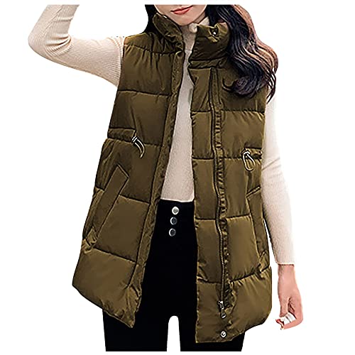 HHMY Longweste Damen Ohne Kapuze: Steppjacke Kurz Ärmellose Weste Jacke Schick Übergangsjacke Warme Winterjacke, Stehkragen, Reißverschluss, Tasche, Bund Mit Tunnelzug von HHMY