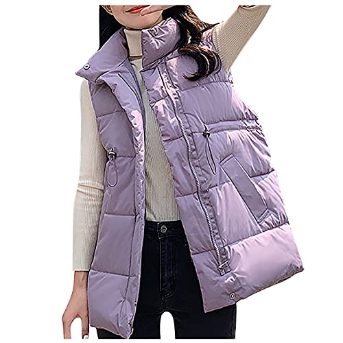 HHMY Longweste Damen Ohne Kapuze: Steppjacke Kurz Ärmellose Weste Jacke Schick Übergangsjacke Warme Winterjacke, Stehkragen, Reißverschluss, Tasche, Bund Mit Tunnelzug von HHMY