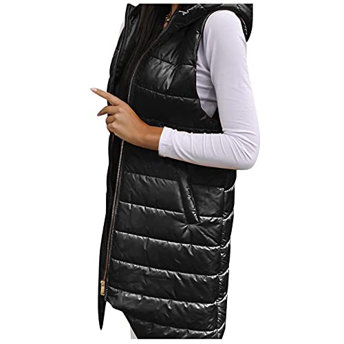 HHMY Longweste Damen Steppweste: Lange Weste Mit Kapuze Ärmellos Warm Daunenmantel Mit Taschen Gesteppte Daunenjacke Steppjacke Outdoor Wintermantel von HHMY