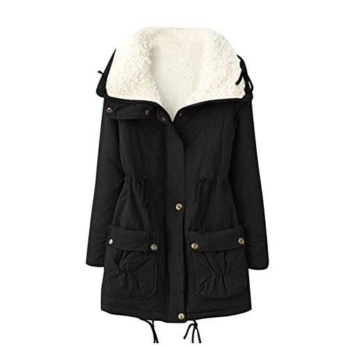 HHMY Winterjacke Damen - Lang Winterparka Teddyfell Warme Gefüttert Stehkragen Ohne Kapuze Steppjacke Revers Jacke Mantel Mit Tasche, Bund Mit Tunnelzug von HHMY