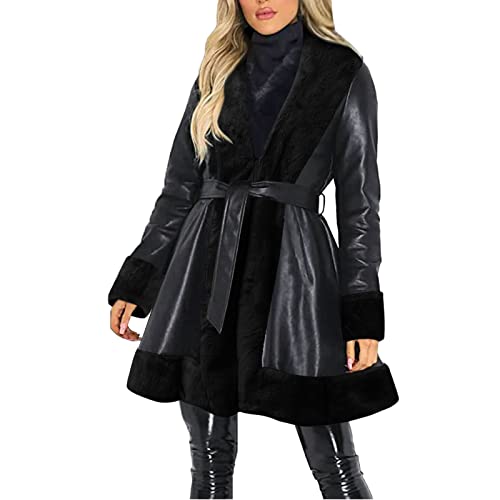 HHMY Wintermantel Damen Lang - Kunster Mantel Damen Mit Fell Schalkragen Gürtel Jacke Mantel Mit Kunstpelz Langmantelparka Outwear Trenchcoat Aus erimitat von HHMY