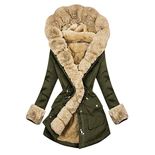 HHMY Winterparka Damen Gefüttert, Warm Teddyfutter Mantel Outdoor Jacke Trenchcoat Mit Kunstpelz Kapuze Wintermantel Lange Ärmel Dicker Kapuzenjacke Tailliert Steppparka Mantel von HHMY