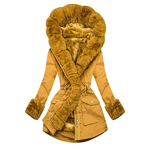HHMY Winterparka Damen Gefüttert, Warm Teddyfutter Mantel Outdoor Jacke Trenchcoat Mit Kunstpelz Kapuze Wintermantel Lange Ärmel Dicker Kapuzenjacke Tailliert Steppparka Mantel von HHMY
