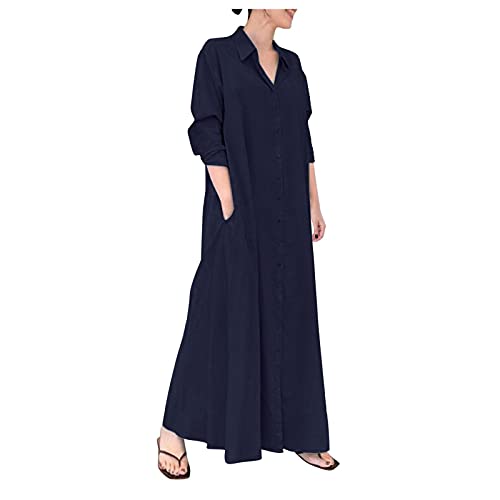 Italienische Kleider Leinen - Shirtkleider Damen Sommer Lang-Leinenkleider Damen Italy-Kleider Damen Luftige Sommerkleider Kurzarm Abendkleid Lang Maxikleid Elegant GroßE GrößE Strandkleider Hemdkleid von HHMY