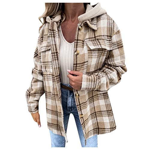 Jacke Kariert Damen - Fleece Hemdjacke Female Jacke Karo Lange Ärmel Herbst Winter Übergangsjacke Mit Taschen Knopfleiste Revers Mantel Plüsch Blusenshirt Oversize Outwear von HHMY