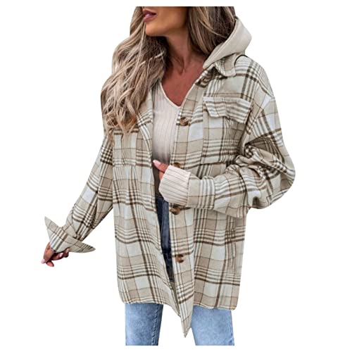 Jacke Kariert Damen - Fleece Hemdjacke Female Jacke Karo Lange Ärmel Herbst Winter Übergangsjacke Mit Taschen Knopfleiste Revers Mantel Plüsch Blusenshirt Oversize Outwear von HHMY