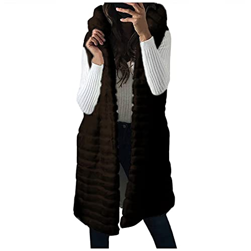 Kunstpelz Jacke Damen: Fellweste Damen Lang Fellweste Kunstfell Pelzweste üBergangsmantel Herbst Lang Steppweste Mit Kapuze Winter Warm Faux Pelz-Weste Felljacke-Mantel Jacke von HHMY