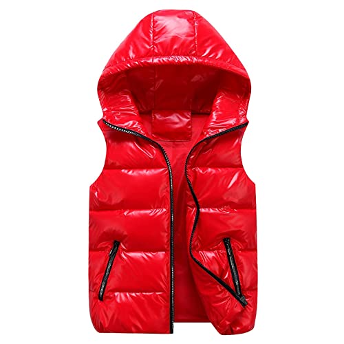 cutecool Glänzend Damen-Ärmellose Steppjacke Einfarbige Weste Reißverschlusstasche Kapuzenjacke Unisex Winterjacke Hooded Outdoor-Weste Puffer Jacke, S-3XL, Rot von cutecool