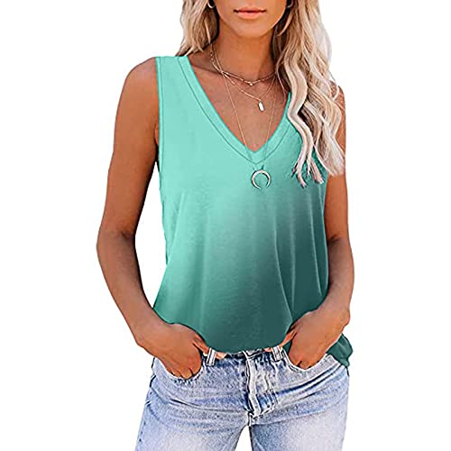 Tank Top Damen Sommer Shirt Ärmelloses V-Ausschnitt Farbverlauf Bunte Trägershirt Regulär Fit Casual Lose Bluse Tanktop Lässig Shirts Ärmellos Oberteile von HHMY