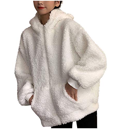 Teddy-Fleece Kapuzenjacke - Damen Plüschjacke Mit Ohren Reißverschluss Pullover Mantel Langarm Hoodie Warme Flauschige Jacke Casual Damenmode von HHMY