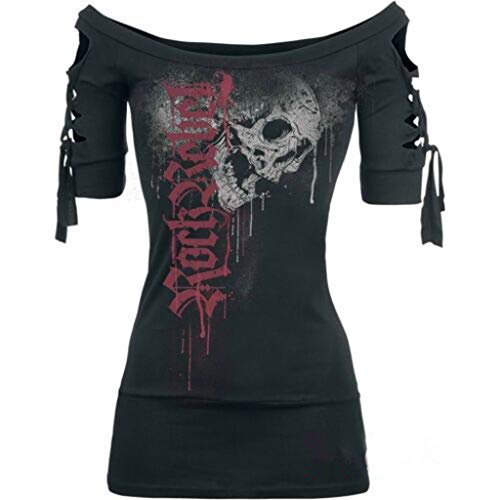 Totenkopf Shirt Damen, 3/4Arm Off Shoulter Kurzarm Sommer Skull Pullover Rockcool Gothic T-Shirt Mit Totenkopf-Print Short Sleeve Sweatshirt Tops Blouse Drucken Shirt von HHMY