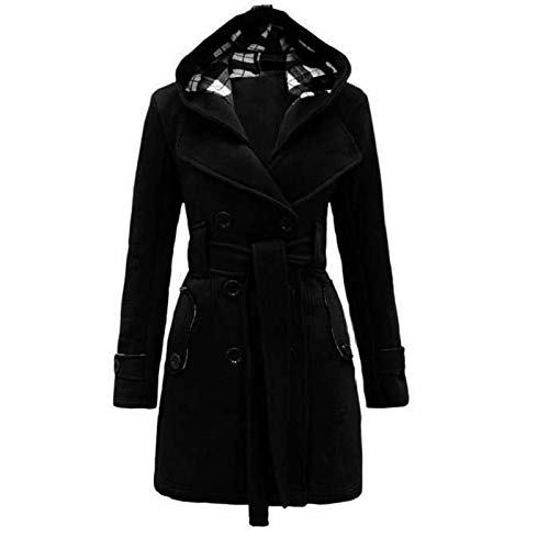 Trenchcoat Damen Lang - Hoodie Mantel Faux Woll-Jacke Übergangs Parka Langarm Für Frühling Herbst/Winter, Zweireihig, Reverskragen, Mit Tartan Kapuze, Gürtel von HHMY