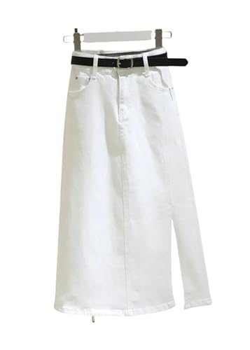 HHNNL Jeansrock Weißer Jeansrock Für Frauen, Hohe Taillierte, Dünne Jeans, Mittlere Röcke, Seitenaufteilung, A-Linie-Weißer Gürtel-S von HHNNL