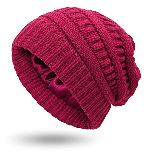 HHOOMY Damen Winter Beanie Mütze Satin gefütterte Strickmütze für Damen Winter warme Dicke Schneekappen (Weinrot) von HHOOMY