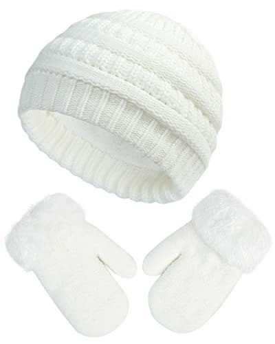 HHOOMY Kinder Winter Warm Beanie Mütze Handschuhe Set Doppellagige Thermo Strickmütze mit Fleece Futter für Mädchen Jungen Kinder Alter 2-6 Jahre alt, weiß von HHOOMY