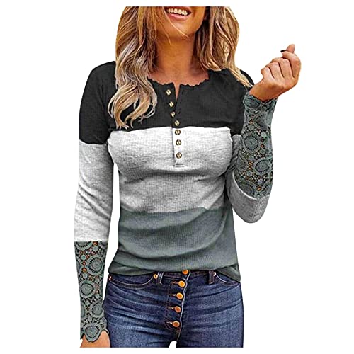 HHOP Damen Shirt v-Ausschnitt Damenpullover Langarm plissee Bluse Frauen Pulli Rollkragen Oversize Pullover Oberteile weiße Glitzer 48, S, A13 Farbblock Spitze Langarmshir Grau von HHOP