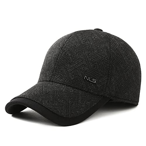 HHRHLKNH Basecap Herren Herbst- Und Wintermütze Herren-Stitching Gestreifte Woll-Baseballmütze Mittleren Alters Und Ältere Menschen Warme Und Samtige Ohrenschutzmütze Im Freien,Schwarz,Einstellbar von HHRHLKNH