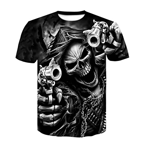 T-Shirt Schwarzer Totenkopf Männer Skeleton T-Shirt Punkrock Gun Blue T-Shirts 3D-Druck T-Shirt Vintage Herrenbekleidung Sommer Weiße Oberteile,D-622,4XL von HHRHLKNH