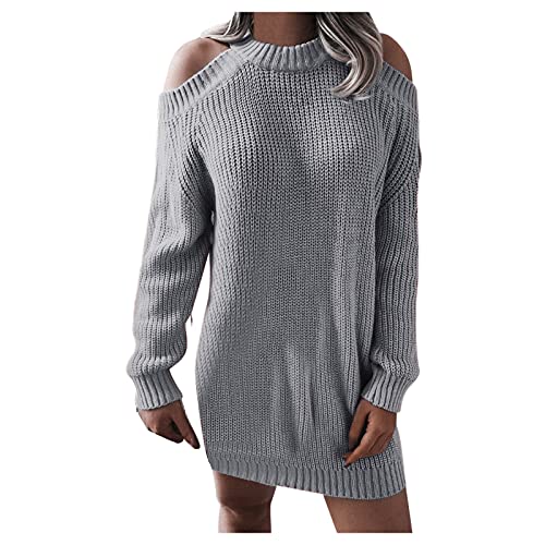 Pulloverkleid Damen Oversize Strickkleider Für Damen Sexy Einfarbig Rundhals Schulterfrei Strickpullover elegant Winterkleid Langarm Warm Sweater Kleider Blusenkleid Sweatshirt Frauen Grobstrick Top von HHWY