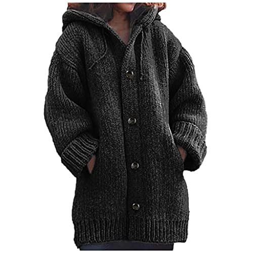 Strickmantel Damen, Lang Grobstrick üBergrösse Winterjacke Frauen Einfarbig Casual Herbst Und Winter Mantel Mit Knöpfen Sportjacke Damen Outdoor Warm Kapuzenjacke Sweatshirt Kapuzenpullover von HHWY